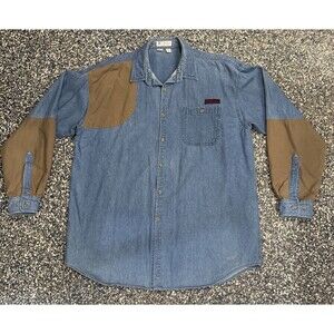 Vintage Columbia Mens Large Denim Button Up Radial Sleeve Shooting Shirt